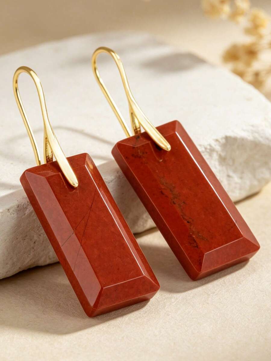 Yumfeel Vintage Faceted Square Red Stone Pendant Earrings, Healing Natural Crystal, Symbolizing Good Luck & Wealth, Christmas/Wedding, Valentine's Day Gift