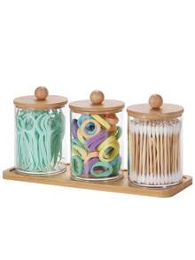 1/3 piezas Caja de almacenamiento de plástico transparente redonda para bastoncillos de algodón con bandeja / 1 pieza Caja de almacenamiento de escritorio portátil moderna para el hogar - Multicolor - Ver 2