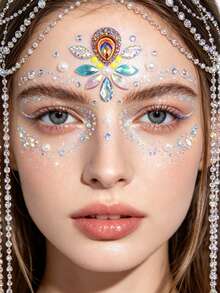 2pcs Floral & Leaf Face Rhinestone Sticker Set, Fluorescent Vine & Gold Glitter Rhinestone Mix, Suitable For Daily Commute, Student Campus, Beach Picnic, Light Fairy Makeup - Multicolor - View 6
