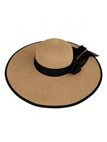 1 Stück Damen einfarbiger lässiger eleganter bohemischer Strohhut, runder Sonnenhut, geeignet für Urlaub, Strand, alle Jahreszeiten Mode, vielseitig für den Alltag (Wenn der Hut Falten hat, bitte mit einem Bügeleisen glätten, dann wird er wiederhergestellt) - Milchig weiß - Übersicht 6