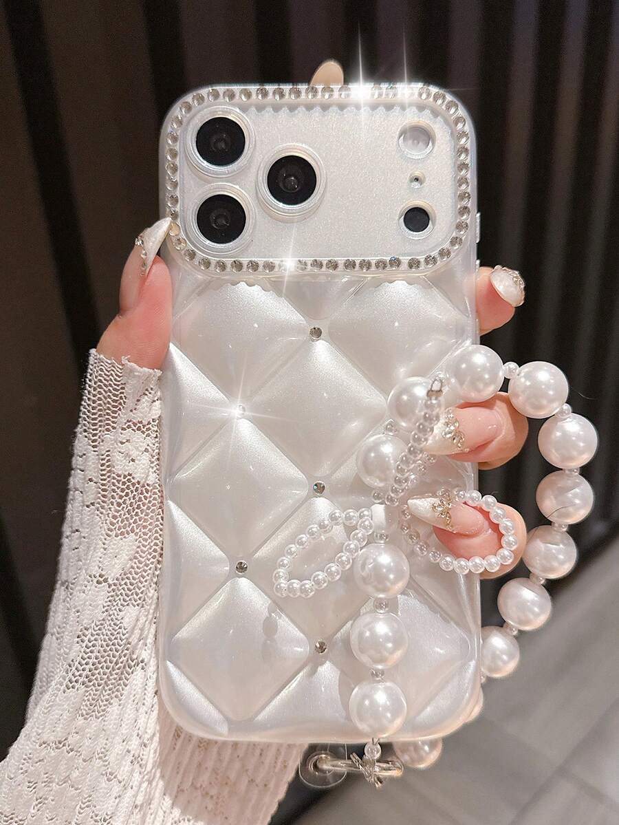 奢华水钻珍珠白手机壳 + 珍珠腕带，适用于 17 Pro Max/17 Pro/17/16 Pro Max/16/16 Pro/16 Plus/16E/15/15 Pro Max/15 Pro/15 Plus/11/12/13/14 Pro Max/11 2 Pro/12 Pro Max/13 Pro/13 Pro Max/14 Pro/14 Pro Max，简约创意白色软壳