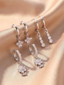 6pcs/Set Fresh Copper Inlaid Full Cubic Zirconia Flower Round Diamond Pendant Hoop Earrings Set Suitable For Women's Daily Commute And Date Wear - Flowers - View 6