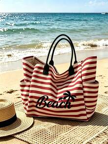 1/2件組條紋托特包與化妝包，印有「Beach」圖案，適合度假、旅行、通勤、購物，送給家人與朋友的禮物 - 彩色 - 查看 15