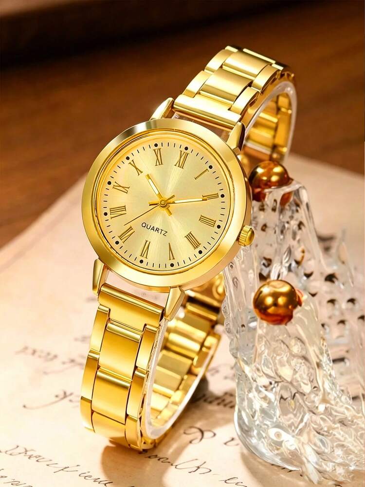 2PCS/1PC Watch Set, Women's Gold Minimalist Elegant Watch, Gold Dial Roman Numeral Round Stainless Steel Band Vintage Small Women's Watch, Paired With Rhinestone Gold Bracelet Women's Stainless Steel Hand Accessory, Simple Versatile Classic Elegant Women's Accessory, Suitable For Graduation, Anniversary As Luxury Gift For Women. Gift Box Not Included - Gold - View 2