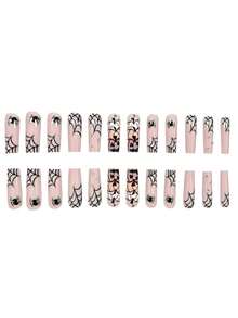 24pcs Halloween Long Coffin Press On Nails, Nude Beige Glossy Fake Nails With Spider & Pumpkin Face Print, Accented With Tiny 3D Rhinestones,Reusable Manicure Nail Kit,Suitable For Girls And Women Daily Wear, Holiday Party And Gift - Multicolor - View 2