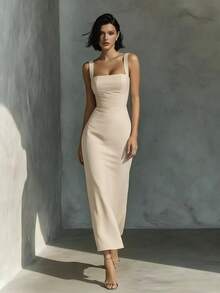 Elegant Solid Color Slim-Fit Hostess Dress For Women, Elegant V-Neck Mid-Length Commuting Professional Outfit, Slimming Waist-Cinching Evening Gown - Light Grey - View 4