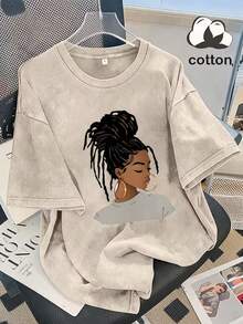 2026 Summer Women's Casual Short Sleeve T-Shirt, Hot Girl Portrait Print, Washed Cotton Crew Neck Tee, 100% Cotton Everyday Wear, Available S-3XL - 杏色 - 查看 11