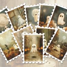36pcs Vintage Halloween Ghost Pumpkin Postage Stamp Style Stickers, Antique Matte Tone, Spooky Cute Ghost, Full Moon, Jack-O'-Lantern, Mushroom, Bat Window House Decoration Design, Suitable For Junk Journal, Planner, Notebook, Photo Album DIY Craft Materials - A - View 7