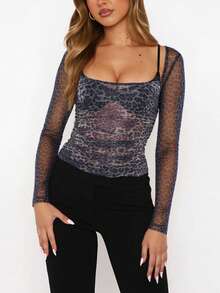Women's Autumn Leopard Print Top With Large Scoop Neck And Long Sleeves, Suitable For Dates And Parties - Grey - View 4
