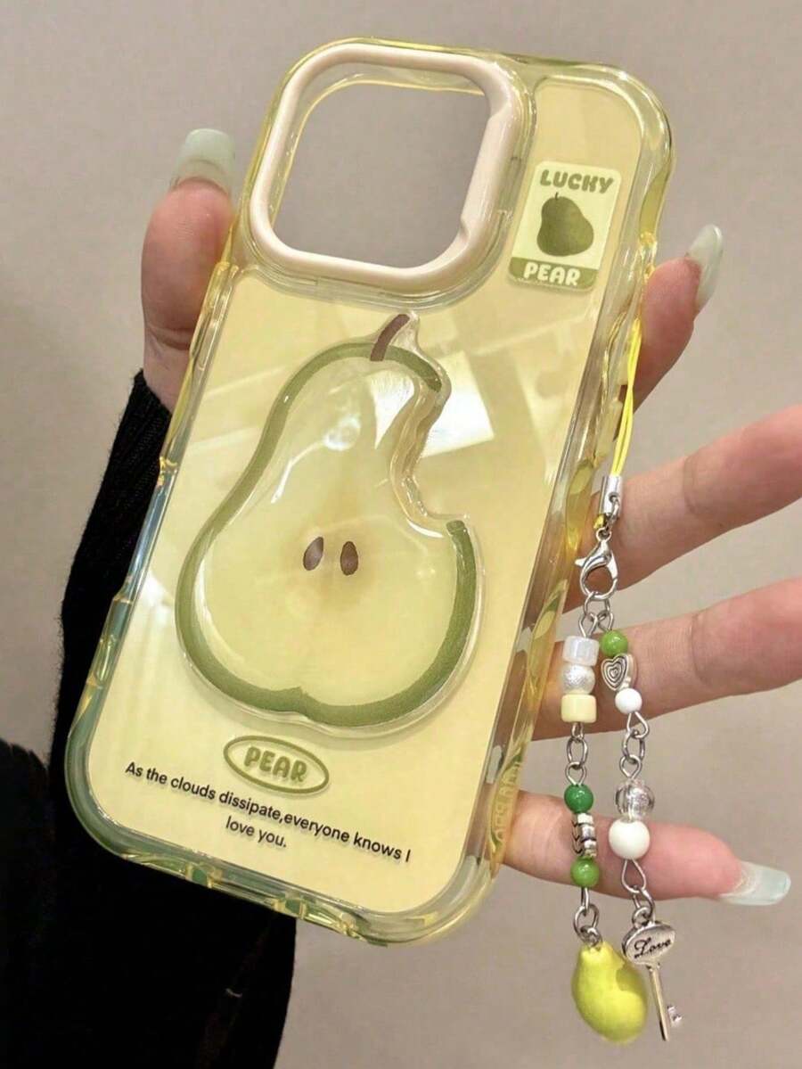 1件 3D梨子手機殼 適用於16promax/Iphone16pro 韓系Ins風新款 15/14 小眾創意高級 13 可愛卡通 11/12 女生風,適用於IPhone17Promax 17pro 17 17Air 3D梨子附鏈條智慧型手機保護殼 - 黃色 - 查看 1