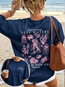 Cute Marine Life Print Women's Loose T-Shirt, Round Neck Short Sleeve Summer Top, Vintage Street Style Washed Cotton Graphic Tee For Vacation Daily - 藏青色 - 查看 15