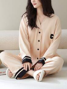2件組女款開襟V領長袖睡衣套裝附長褲，親膚居家服，適合春秋穿著 - 香檳色 - 查看 5