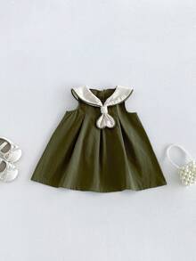 Miniweenns 1件嬰兒/幼兒女童學院風荷葉邊蝴蝶結復古公主無袖洋裝，夏季返校穿著（尺寸偏小） - 綠色 - 查看 7