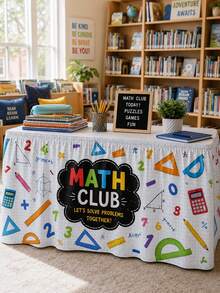 1 pieza Falda de mesa del club de matemáticas de vuelta a la escuela, mantel plisado con patrón de papel cuadriculado, regla numérica, calculadora y geometría, con cierre de gancho y bucle, antiarrugas y lavable, adecuado para escritorio de profesor de aula, actividad educativa, decoración de soporte de exhibición escolar - Multicolor - Ver 8