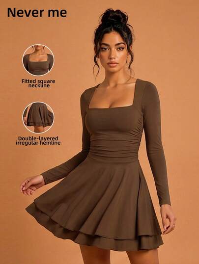 Never me Women's Casual Ruched Waist Fitness Dress, Square Neck Long Sleeve High Waist Hip-Covering Sports Pleated Jumpsuit