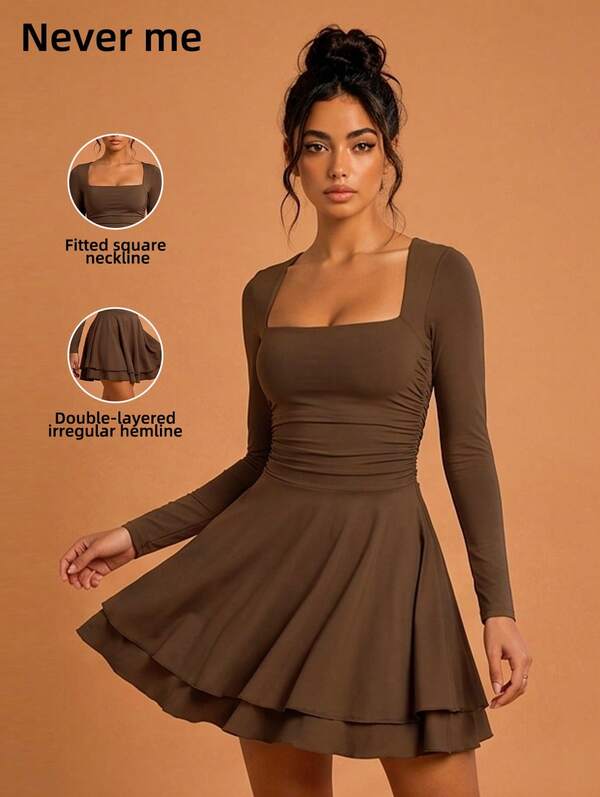 Never me Women's Casual Ruched Waist Fitness Dress, Square Neck Long Sleeve High Waist Hip-Covering Sports Pleated Jumpsuit