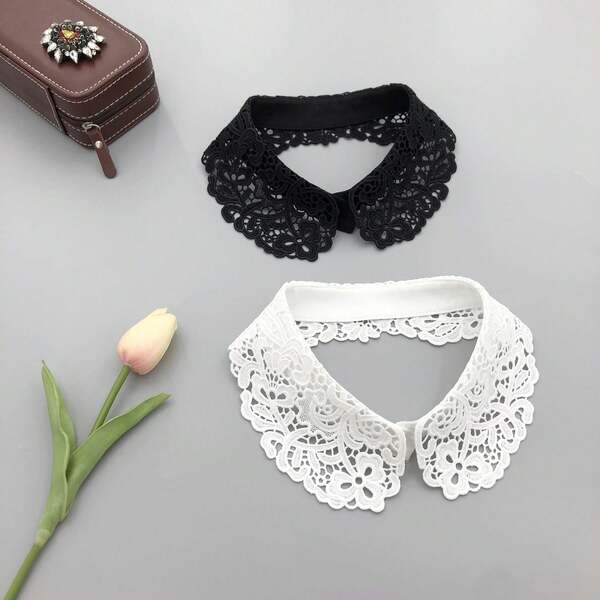 1PC Black & White Premium Embroidered Water-Soluble Hollow Leaf Lace Round Neck Versatile Women's Detachable Collar