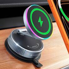 1pc 15W Magnetic Wireless Car Charger Mount, 720° Rotating Foldable Phone Holder With RGB Light, Telescopic Dual-Axis Adjustable Arm, Vacuum Suction Cup Dashboard Installation, Compatible With IPhone MagSafe And Android Phones - 無線充手機支架 - 查看 1