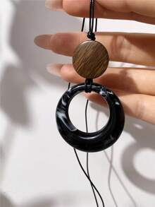 1pc Vintage Black Leather Cord Long Round Pendant Necklace, Suitable For Women's Daily Wear, Minimalist Style - Black Geometric Long Necklace - View 5