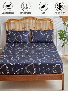 1pc Heart & Star Print Single Fitted Sheet, Minimalist Starry Sky Pattern Polyester Mattress Protector, Soft & Breathable, Machine Washable, Deep Pocket, Suitable For All Seasons - Multicolor - View 2