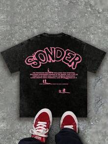(230g Pure Cotton) Men's Retro Pink Text "SONDER" Figure Thinking Pattern Printed T-Shirt, Retro Style, Breathable Fabric,  Y2K Style - 黑色 - 查看 3