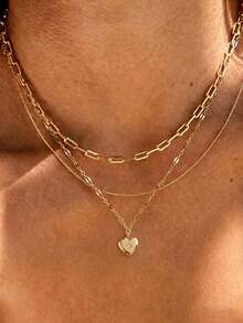 Set Kalung Rantai Geometris Berlapis Emas 3 Buah untuk Wanita, Kalung Liontin Cocok untuk Pemakaian Sehari-hari, Kencan, Liburan - Yellow Gold - View 4