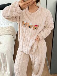 Dreamivo 2pcs/Set Piyama Musim Dingin Wanita Motif Beruang Lucu Bordir Tebal Lengan Panjang Celana Panjang Bahan Fleece - Aprikot - View 3