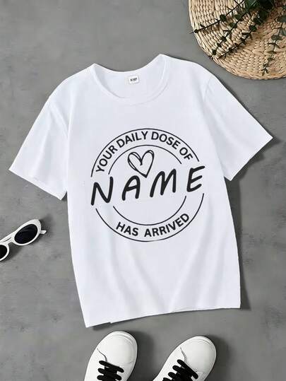 Tween Girl Customized Cotton Top, Spring/Summer Round Neck Short Sleeved T-Shirt With Letter Heart Print, Suitable For Daily Casual Wear And Vacation
