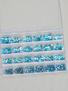 24-Grid Mixed Flat Back Rhinestone Set, Lake Blue Round Diamond And Crystal Rhinestone Nail Art Decoration, Multiple Shapes, Suitable For Women And Girls, DIY Nail Art Set, Includes Bright Colored Rhinestones - Blue - View 3