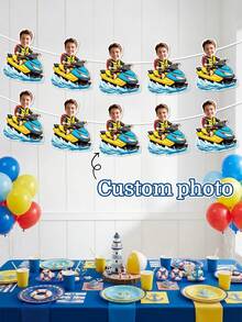 10/20/30pcs Customized Photo Jet Ski Summer Banner, Personalized Wave Water Motorcycle Garland, Blue & Yellow Nautical Theme Banner, Beach Night Party Decoration, Pool Birthday Party Wall Decor, Wave Water Sports Enthusiast Souvenir, Bachelorette Party - Multicolor - View 2
