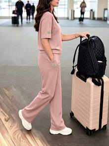 女款休閒兩件套，圓領T恤搭配微彈性長褲，舒適居家服套裝，附口袋，夏季優雅 - 灰粉紅色 - 查看 4