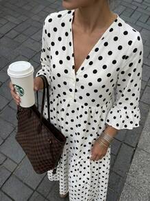 Buzzelle Spring & Summer Elegant Polka Dot Print Cross Neck Ruffle Sleeve Layered Casual Vacation Style Midi Dress White - White - View 1