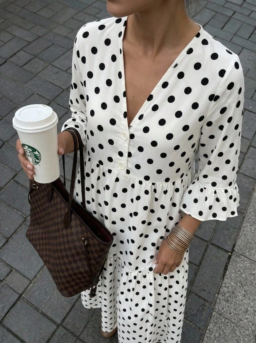 Buzzelle Spring & Summer Elegant Polka Dot Print Cross Neck Ruffle Sleeve Layered Casual Vacation Style Midi Dress White - White - View 1