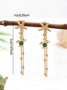 1 Pair Ocean Theme Turtle & Starfish Earrings, Minimalist Front & Back Chain Earrings, Bohemian Style Beach Jewelry - Multicolor - View 3
