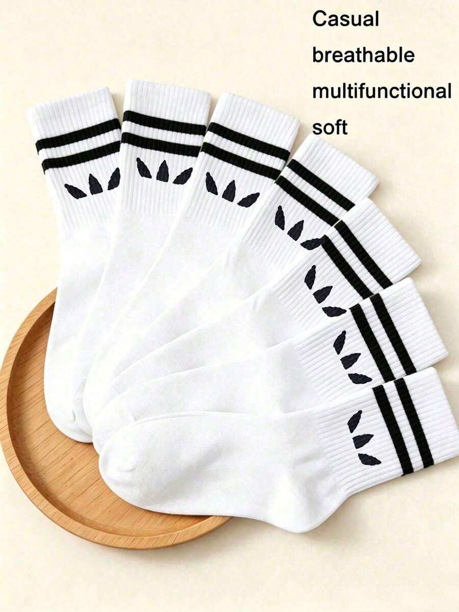 1/5 pares de calcetines unisex a rayas blancas de media pantorrilla, deportivos casuales minimalistas cómodos versátiles para uso diario, atuendo de vuelta a la escuela, adecuados para todas las estaciones - Blanco - Ver 1