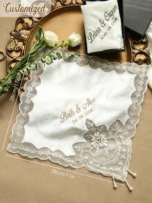 Personalized Embroidered Bridal Handkerchief, Customizable Name And Wedding Date, Elegant Lace Wedding Handkerchief, Suitable For Bride, Wedding Keepsake Gift - Multicolor - View 6