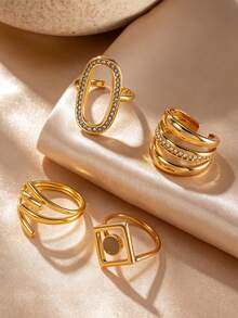 4pcs Summer Elegant Stainless Steel Rhombus Oval Geometric Rhinestone Women's Stackable Ring Set, Suitable For Daily Wear, Dating, Afternoon Tea, Store Visiting, Party, Atmosphere Accessory, Open Adjustable - Gold - View 4
