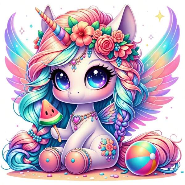 1/2/3pcs Summer Rainbow Wing Unicorn Heat Transfer Sticker, Gradient Pink Blue Purple Mane, Flower Wreath, Holding Watermelon Popsicle, Paired With Beach Ball, Floral Tattoo, Sparkling Diamond Decoration, Cute Childlike Summer Beach Theme DIY Print, Suitable For Kids T-Shirts, Sweatshirts, Canvas Bags