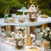 20 Pcs Porcelain Tea Set With Metal Holder, Adult Tea Set Gift, European Ceramic Tea Set For Adults, Flower Tea Cup Saucer Set For Party With Gold Flower Painting (Vibrant Green) - 款式2 - 查看 2