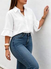 Kemeja Putih Ukuran Plus Curve dengan Lengan Ruffle, Saku, Kancing Depan, Kerah, Potongan Longgar Kasual, Tidak Tembus Pandang, Cocok untuk Wanita Bertubuh Besar Ukuran Plus, Blus Kantor untuk Perjalanan Sehari-hari - Putih - View 4