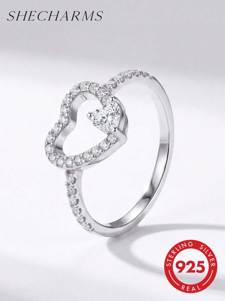 1pc Fashion 925 Sterling Silver Rhinestone Heart Ring, Embedded With Diamonds, Suitable For Daily Wear And Party Occasions, High-Quality Jewelry Gift