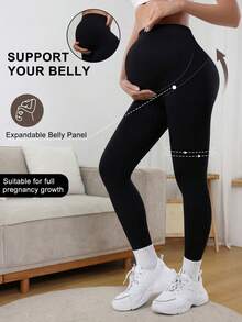 Legging Hamil Tanpa Jahitan Pinggang Tinggi Elastis Warna Polos Hitam - Hitam - View 1