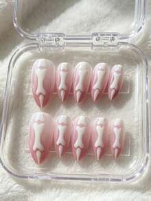 10片裝粉色漸層骨骼感穿戴甲，杏仁形手工可重複使用全包假指甲，3D白色骨骼浮雕設計，Ins風可愛搞怪女孩萬聖節日常節日美甲裝飾 - 粉色 - 查看 2