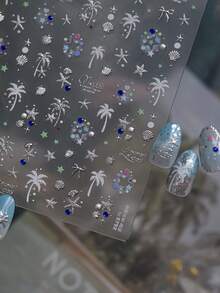 1件 5D水晶水鑽美甲貼，奢華夏季海灘風金屬貝殼美甲裝飾，自黏式可滑動美甲貼紙配件 - 銀色 - 查看 2