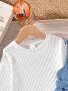 Vihyde Girls Korean Style Long Sleeve Inner Layer & Denim Pleated Pinafore Dress & Belt 3 Pieces Set - Light Wash - View 8