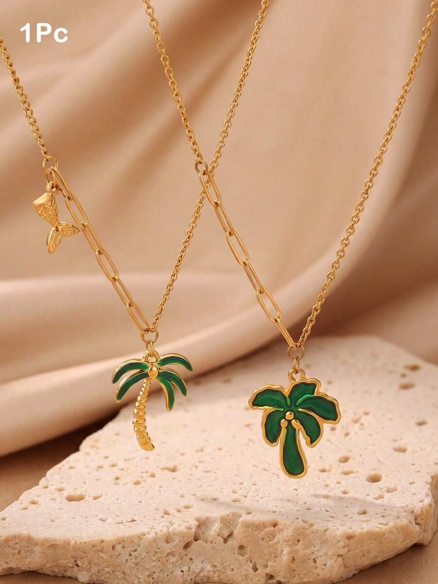 1pc Green Enamel Palm Tree Pendant Necklace, Women's Coconut Tree Stainless Steel Necklace, Tropical Bohemian Style Summer Beach Vacation Jewelry - Palm Trees - View 1