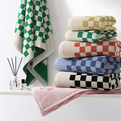 Cotton Shower Towel 80x160cm Checkerboard Pattern Large Size Plush Gentle Quick Dry No Lint Men Women Daily Home Use. Soft Fabric Durable Lightweight Assorted Colors.