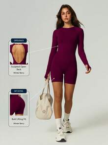 UONNOU Women's Seamless Soft Backless Long Sleeve Thumbhole Tummy Control Butt Lift Fitness Romper - Purple - View 4