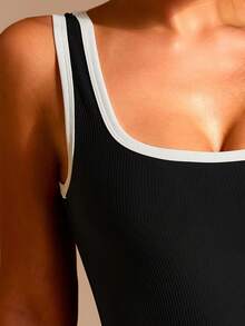 XLLAIS 1pc Women's Square Neck Seamless Knit Fitted Yoga Jumpsuit, Contrast Color Sexy Summer Fitness Jumpsuit, Tummy Control Workout Jumpsuit Black - Black - View 4
