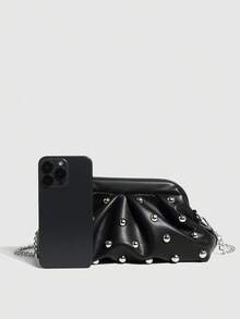 Vintage-Style Pleated Clutch With Rivet Decoration, Ruffled, Cloud-Patterned Beach Bag For Women, Fashionable Clutch Handbag With Chain Strap - Black - View 5
